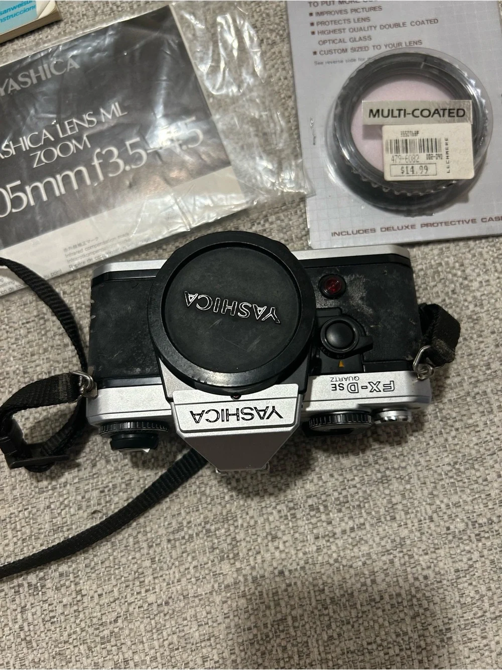 Yashica Brown Leather Camera Bag with Yashica Film Camera and Accessories as is